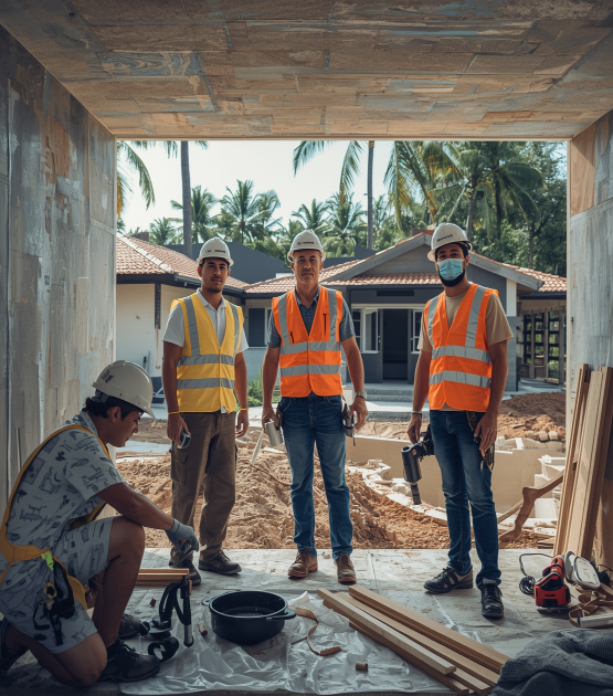 Equipo de construcción remodelación vivienda Puerto Rico trabajadores casco herramientas