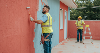 Mision Trabajador aplicando pintura en pared exterior con rodillo y casco