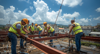 Objetivo Foto de un equipo de trabajadores instalando lozas o estructuras