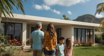 Visión una familia observando un proyecto de construcción terminado